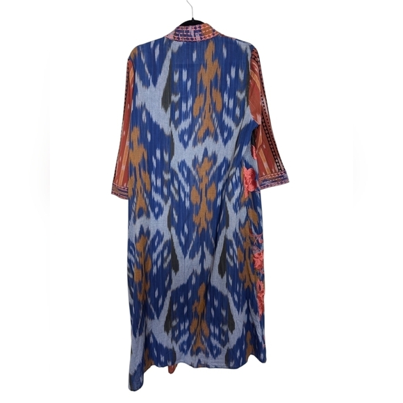 Soft Surroundings blue orange ikat embroidered duster kimono sz L NWT - Picture 2 of 9